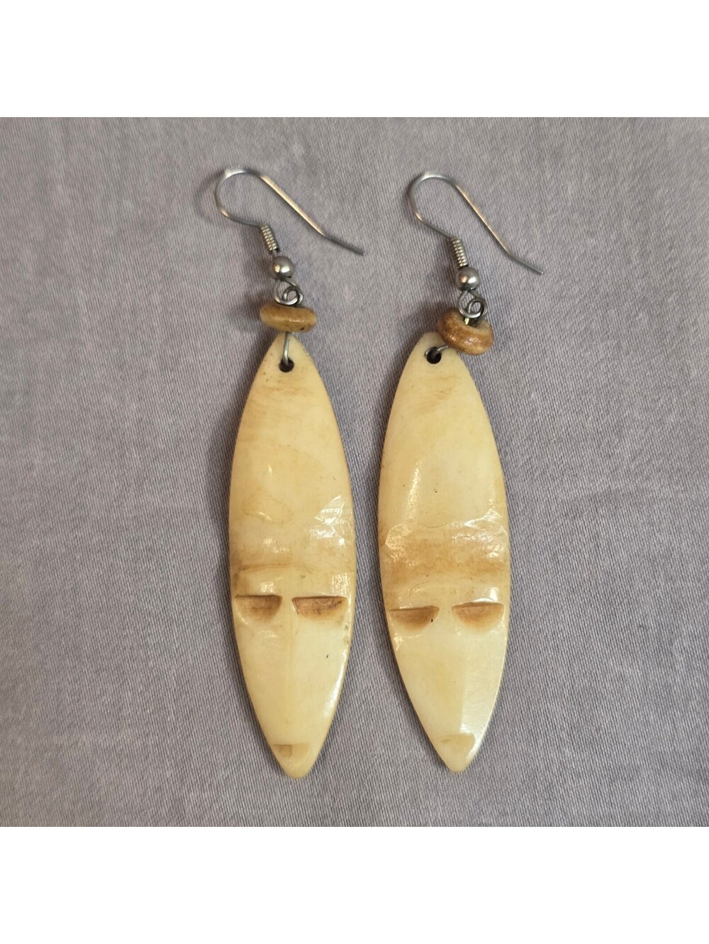 Vintage Hand Carved Bone Mask Earrings African Tribal Boho Drop Dangle Jewelry
